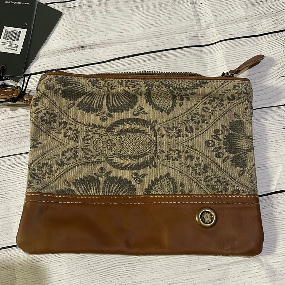 Myra canvas leather floral zipper pouch wristlet/ makeupbag/cellphone NWT